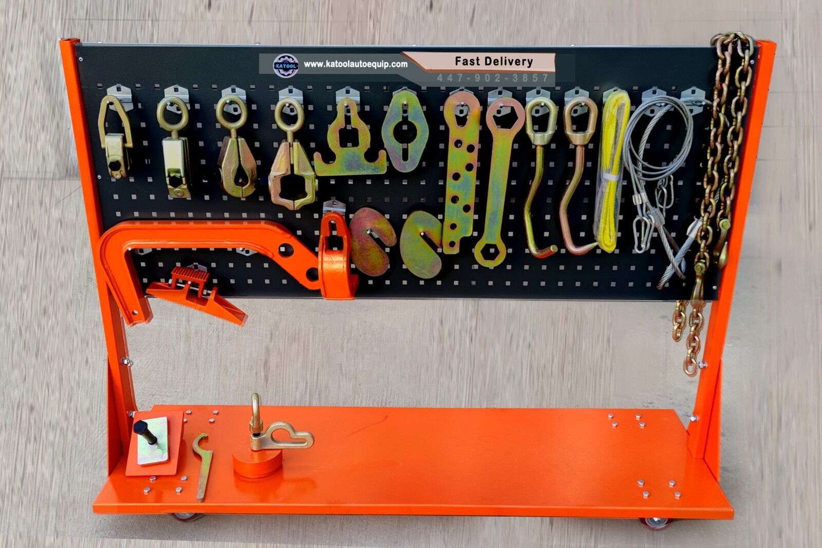 KT-198L collision repair tools and accessories shown on rack; contents vary by configuration