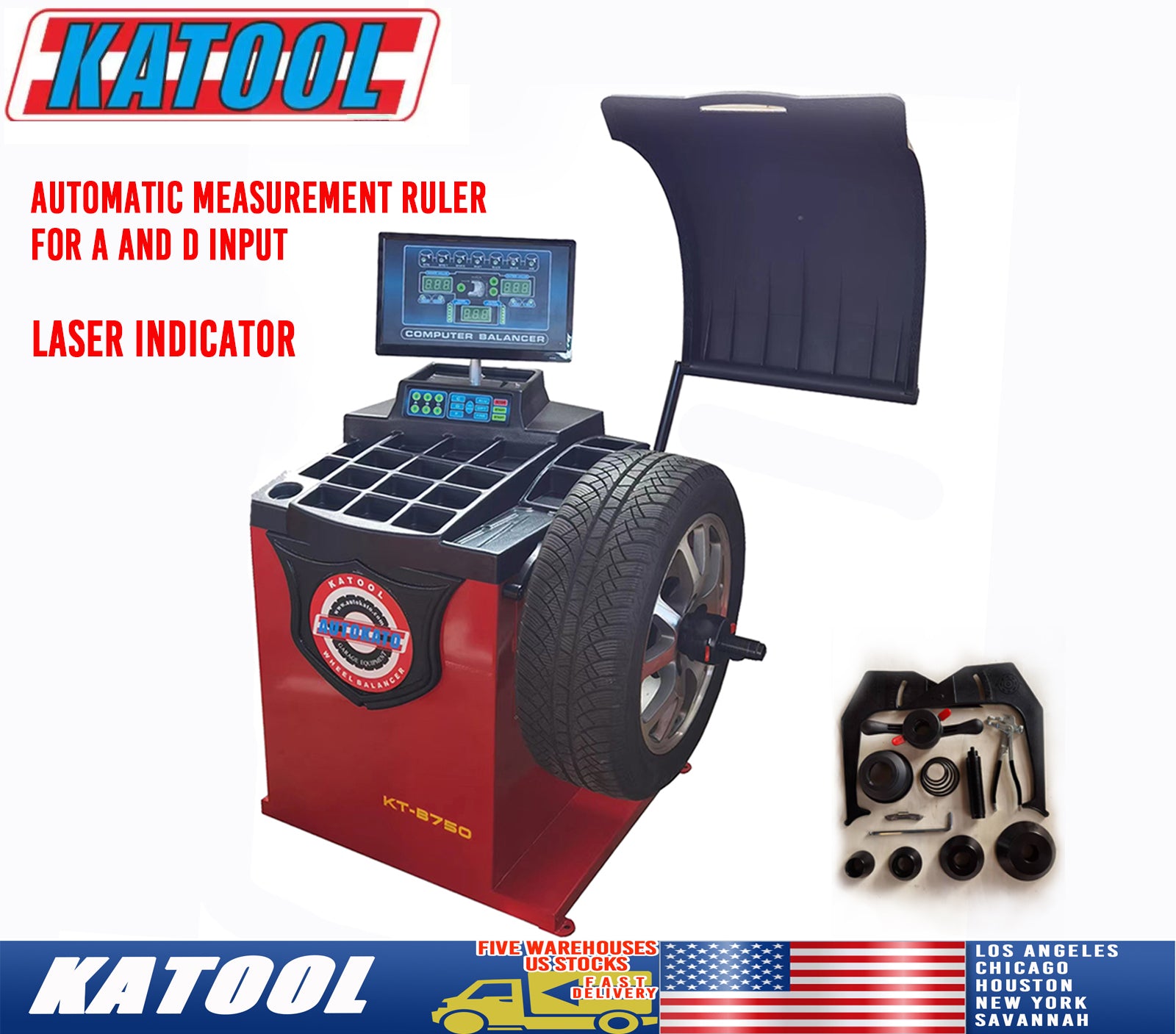 KATOOL KT-B750 promotional photo showing wheel balancer and listed automatic measurement ruler