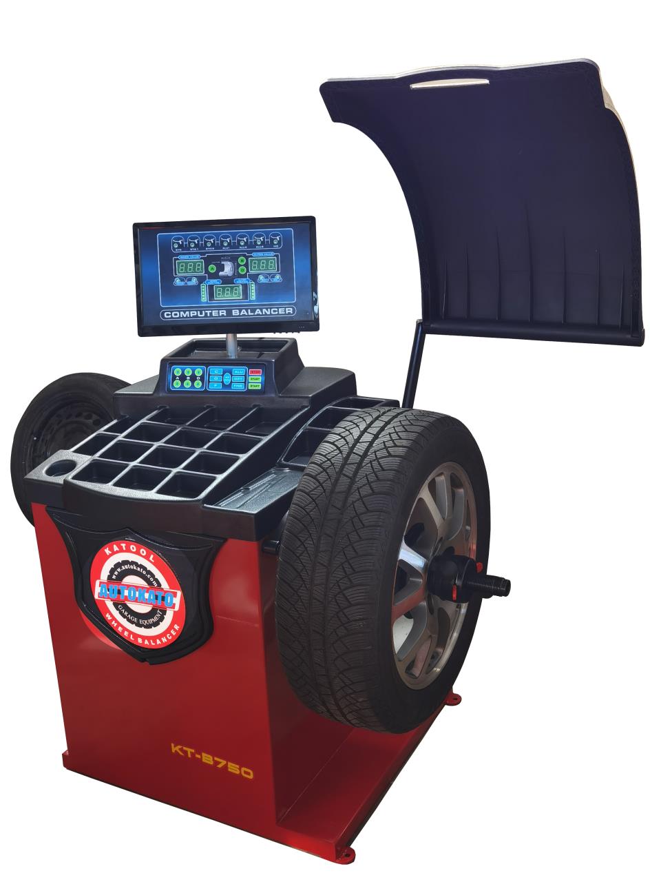 KATOOL KT-B750 wheel balancer side view with mounted tire