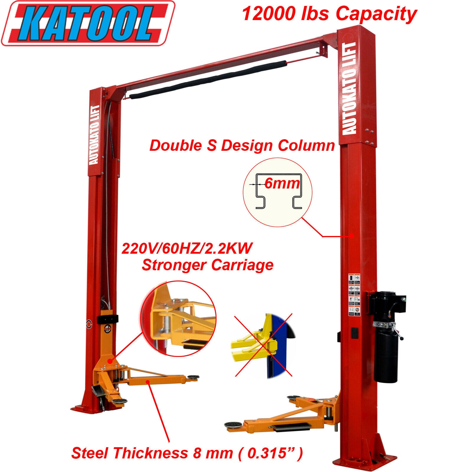KT-M120 promotional graphic showing 12,000 lb capacity and double-S columns