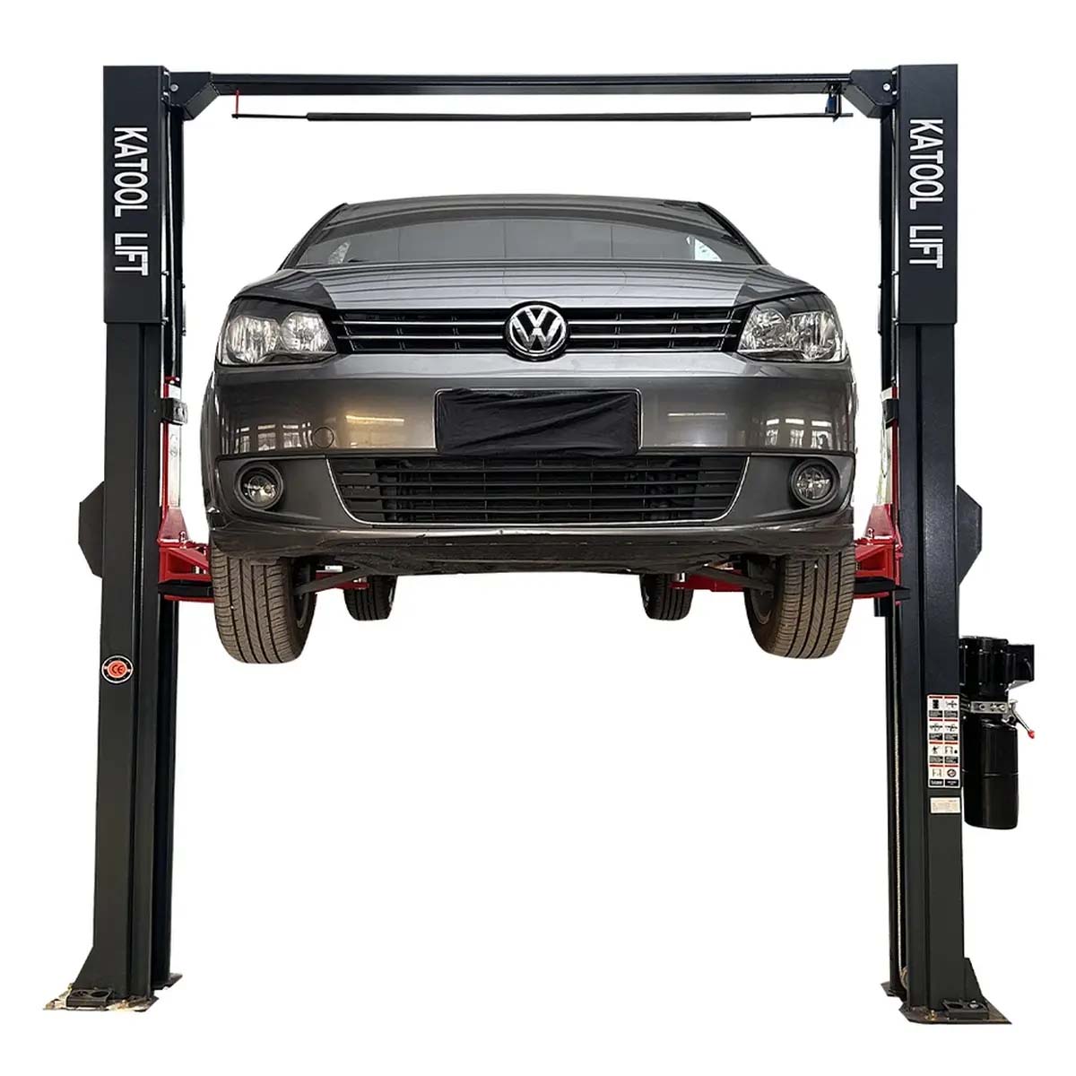 KT-M140XD two post overhead lift holding a vehicle