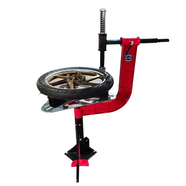 KATOOL KT-MOTO1001 manual motorcycle tire changer shown with motorcycle wheel