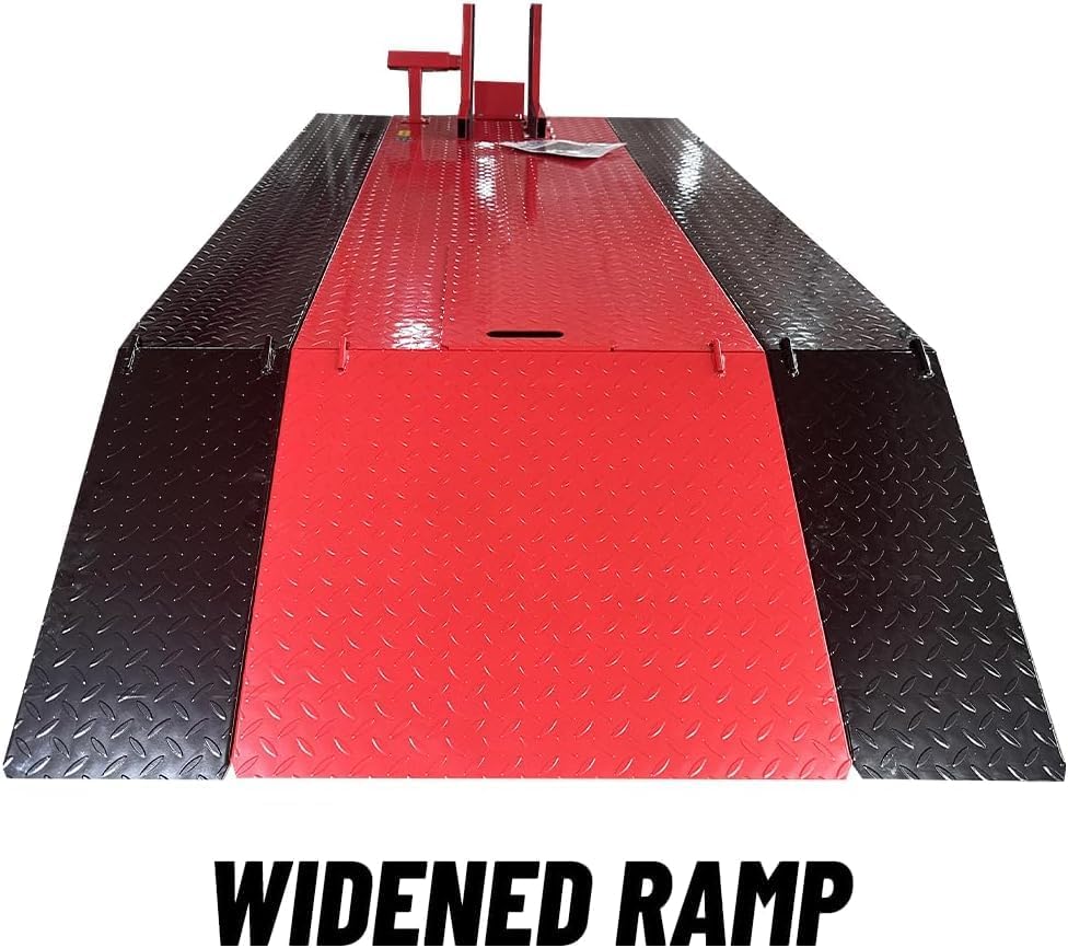 Front view of KT-MOTO150LT platform with removable side extensions and widened loading ramp