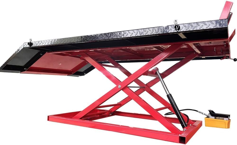 Side view of red KATOOL KT-MOTO150LT hydraulic motorcycle lift raised on scissor frame