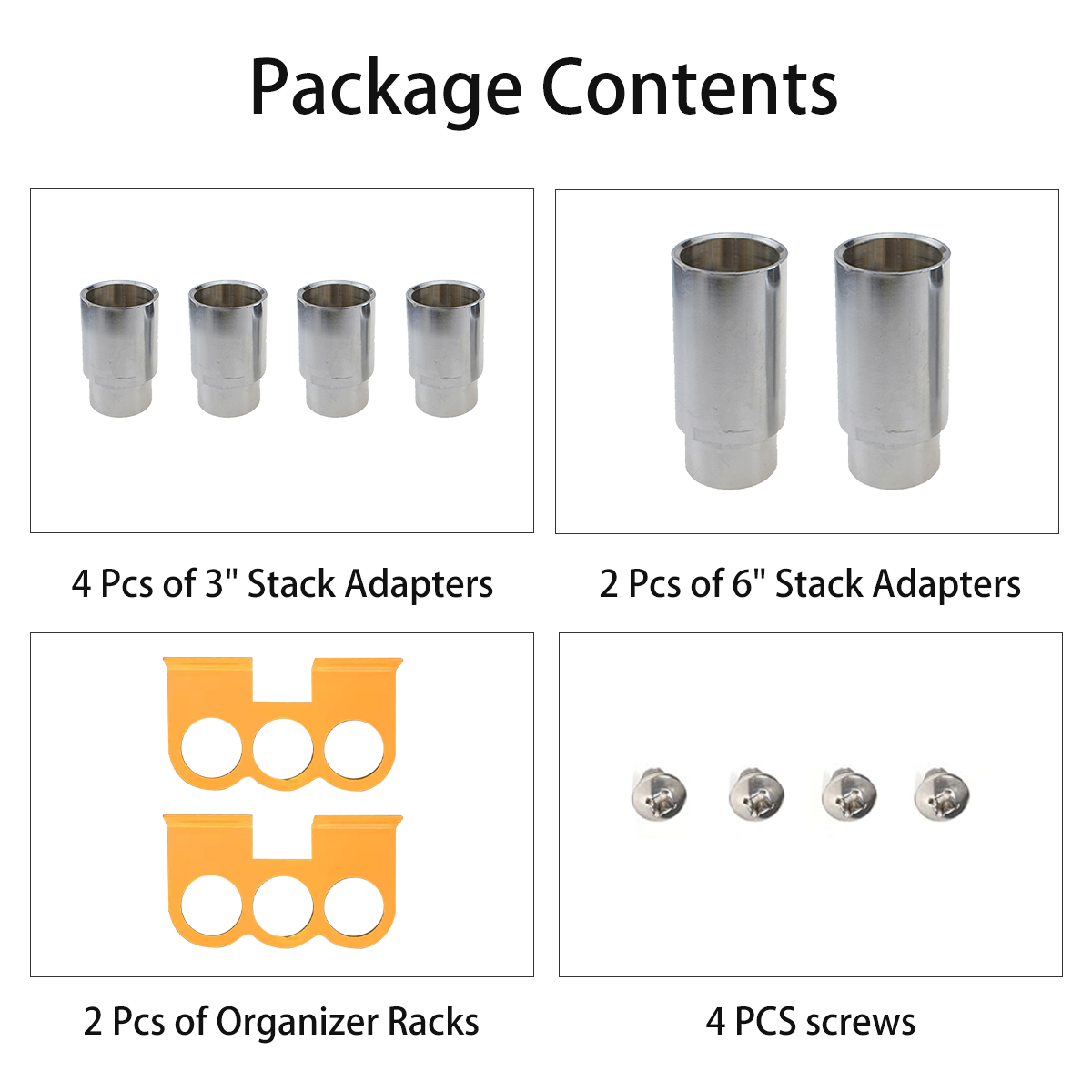 Manufacturer diagram showing four 3 inch adapters, two 6 inch adapters, two organizer racks and four screws