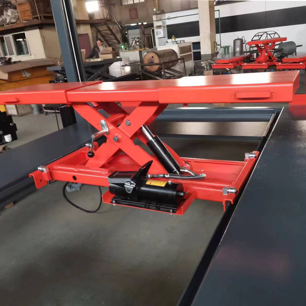 KT-RJ50 rolling jack installed between four-post lift runways