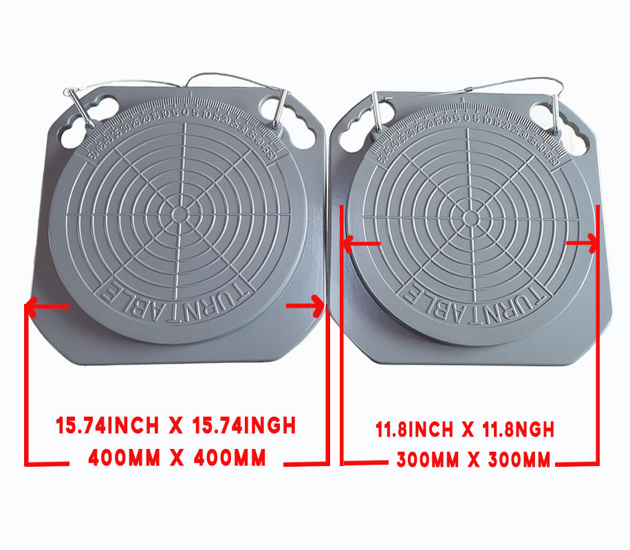 KT-TP1 turntable image comparing 400 by 400 mm and 300 by 300 mm plate sizes