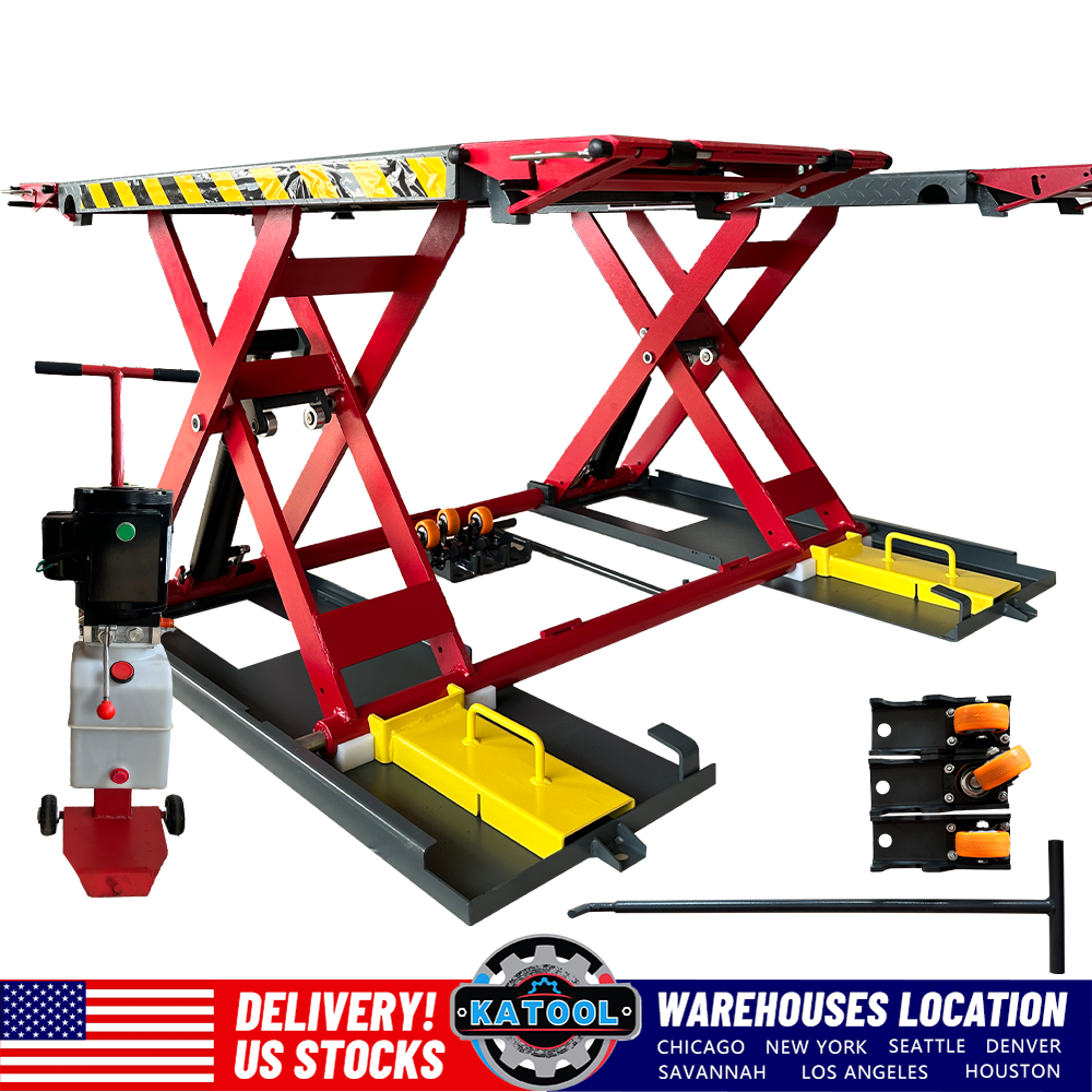 KT-X77 raised scissor lift with drive-on ramps and hydraulic pump unit