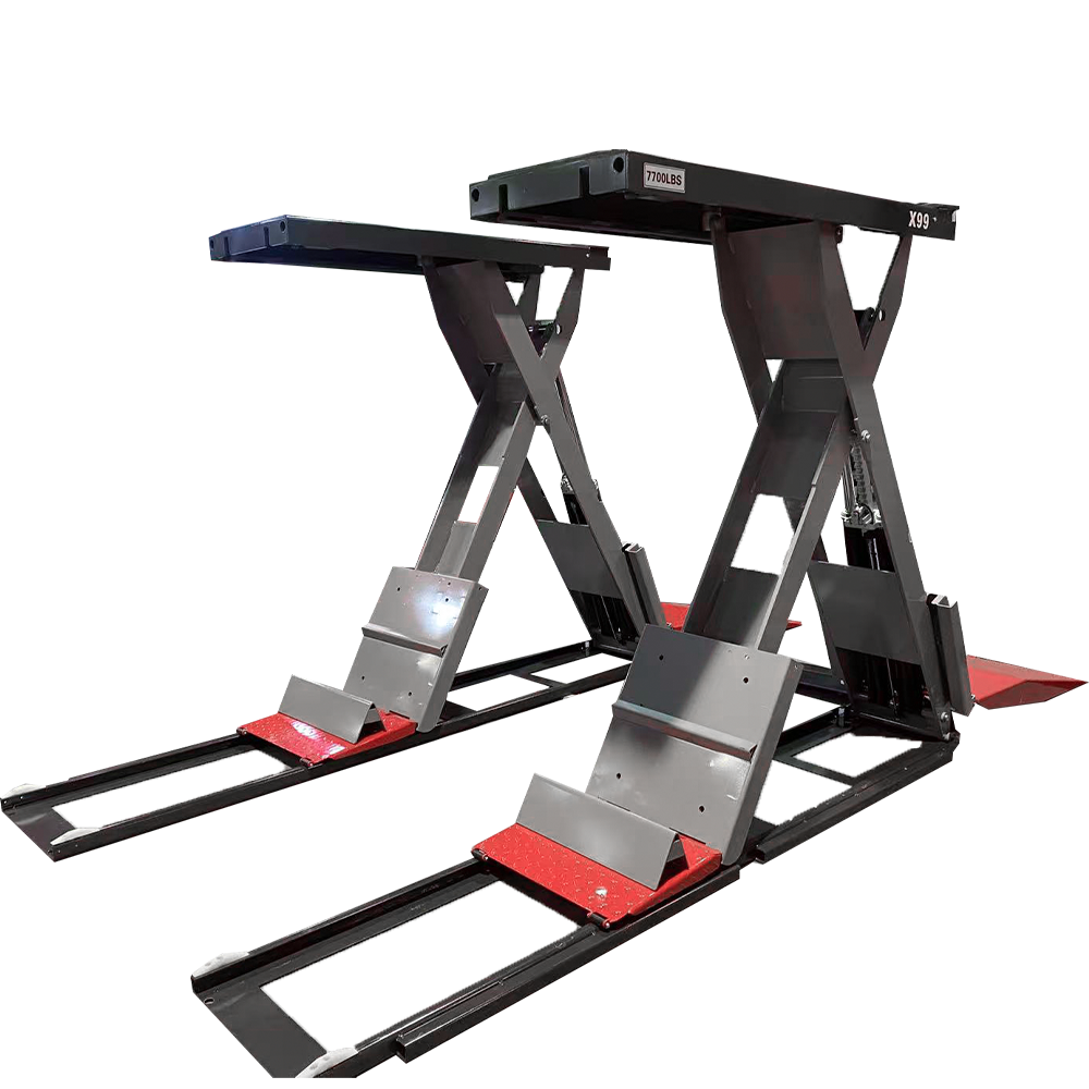 KATOOL KT-X99 full-rise scissor lift raised with two lifting platforms and approach ramps